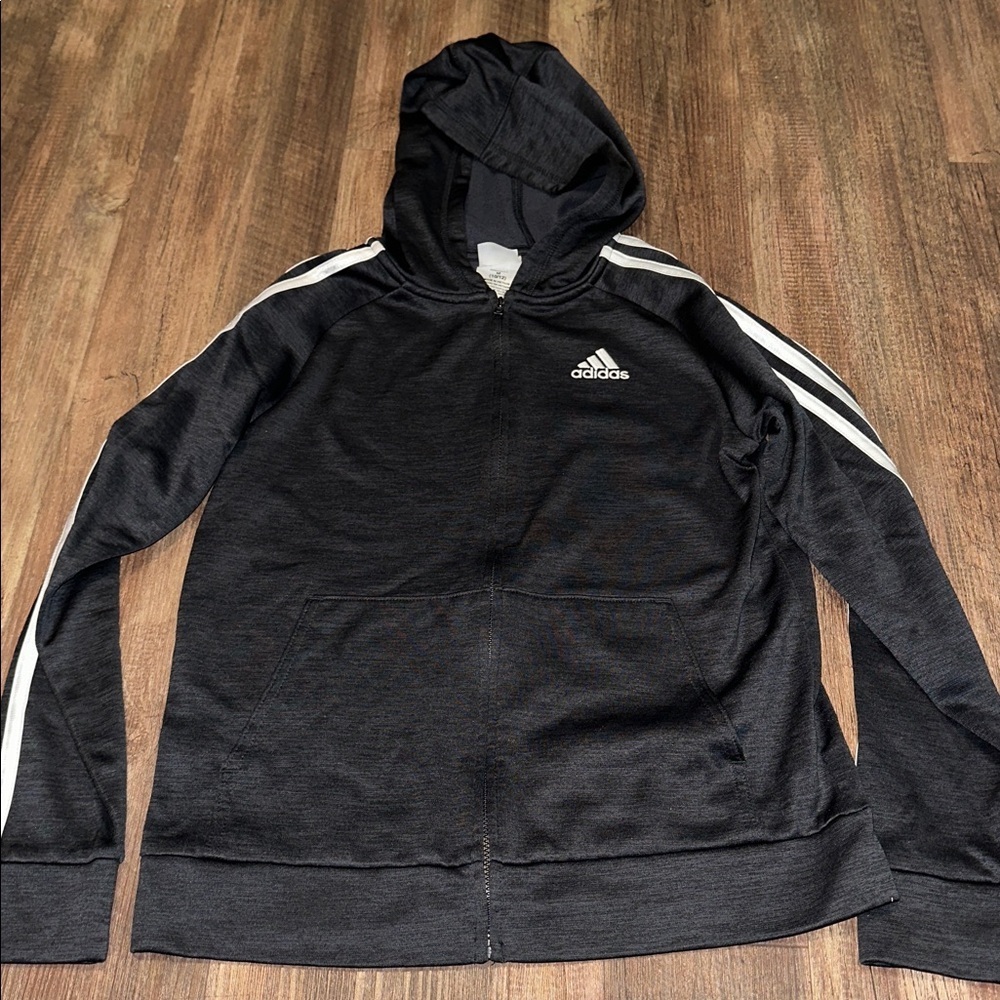BOYS ADIDAS ZIP UP HOODED JACKET BLACK & WHITE 3‎ STRIPE SIZE M 10/12